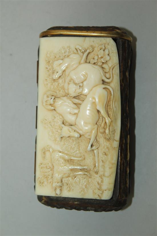 A late 19th century Continental stag horn and ivory snuff box, 4in.